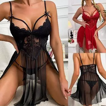 (мужской гардероб)Женское эротическое белье, сексуальный кружевной костюм с разрезом, ночная рубашка без стального кольца L чёрный
