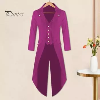 Мужской готический фрак с лацканами, длинный рукав, однобортный, в стиле ретро, средневековый фрак, искусственный двухкомпонентный жилет средней длины, смокинг-пальто XL красный