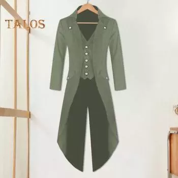 Мужской готический фрак с лацканами, длинный рукав, однобортный, в стиле ретро, средневековый фрак, искусственный двухкомпонентный жилет средней длины, смокинг-пальто XL зелёный