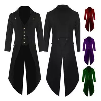 Мужской готический фрак с лацканами, длинный рукав, однобортный, ретро-стиль, средневековый фрак XXXL чёрный