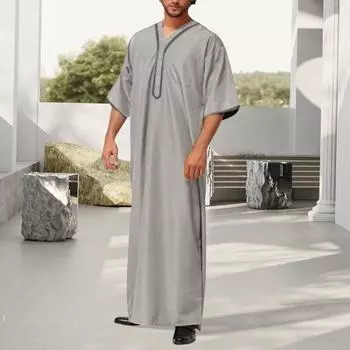 Мужской халат-кафтан, однотонный, со средними рукавами, длинный, с V-образным вырезом, абайя, молитвенная одежда, халат ихрам для летней повседневной носки S темно-синий