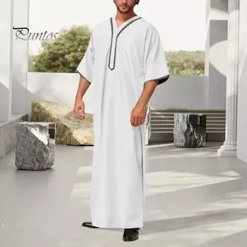 Мужской халат-кафтан, однотонный, со средними рукавами, длинный, с V-образным вырезом, абайя, молитвенная одежда, халат ихрам для летней повседневной носки S чёрный