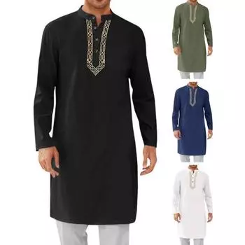 Мужской халат-кафтан с круглым вырезом и длинным рукавом, абайя, дышащая, на пуговицах, арабская одежда ихрам для повседневных случаев и молитв S чёрный