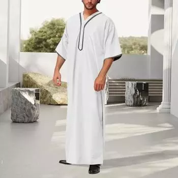 Мужской халат-кафтан Yousheng, однотонный, со средними рукавами, длинный, с V-образным вырезом, абайя, молитвенная одежда, халат ихрам для повседневной летней одежды S белый