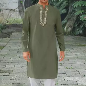 Мужской халат-кафтан Yousheng с круглым вырезом и длинным рукавом, абайя, дышащая, на пуговицах, арабская одежда ихрам для повседневных случаев и молитв S чёрный