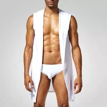 Мужской халат с поясом, капюшоном, без рукавов, однотонный халат из ледяного шелка, открытая передняя часть, мягкая ткань для дома S серый