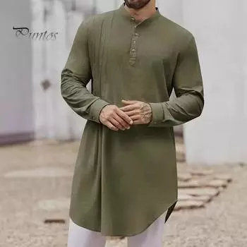 Мужской хлопковый льняной кафтан с длинным рукавом и круглым вырезом, однотонный халат с воротником на пуговицах, дышащая арабская одежда для молитв, повседневная одежда S небесно-голубой