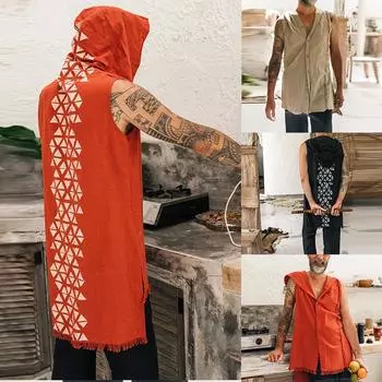 Мужской хлопковый льняной жилет без рукавов с капюшоном с принтом, летний повседневный жилет на плечо XXL красный