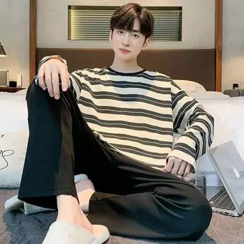 Мужской хлопковый пижамный комплект с длинными рукавами: Весна и осень, подростковый повседневный, больших размеров