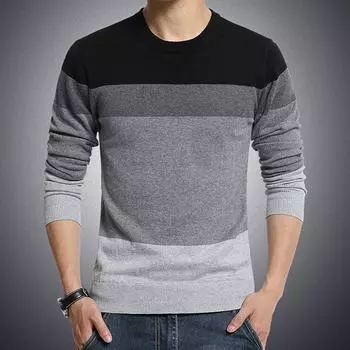 Мужской хлопковый пуловер, полосатый вязаный свитер, мужской корейский повседневный простой джемпер, одежда M чёрный