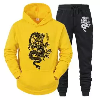 Мужской и женский комплект с длинными рукавами, толстовка + брюки, весна-зима, Повседневная флисовая толстовка с принтом дракона, спортивная одежда, мужская одежда S