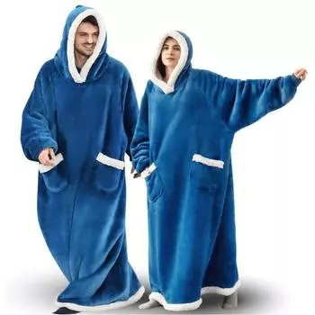 Мужской и женский осенне-зимний теплый носимый фланелевый халат-одеяло для телевизора с карманами, свободный повседневный домашний халат с капюшоном 120