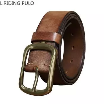 Мужской и женский ретро-потертый вручную универсальный плиссированный медный ремень с пряжкой из натуральной кожи Ремень из натуральной кожи Модная чистая воловья кожа