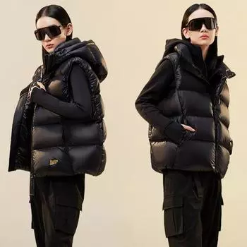 Мужской и женский жилет из гусиного пуха черного и золотого цвета с подогревом внутри, зимний жилет без рукавов, жилет с капюшоном, пуховик S recommends 95-57.5 kg чёрный