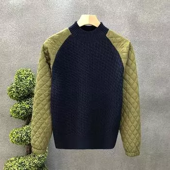 Мужской индивидуальный дизайн сращивание вязаный свитер круглый вырез длинный рукав свободные топы 4XL темно-синий