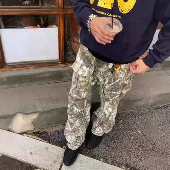 Мужской камуфляжный комбинезон в американском стиле с широкими штанинами и рисунком в виде выцветших веток деревьев на осень XL