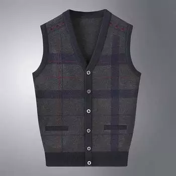 Мужской кардиган без рукавов с v-образным вырезом, осень-зима, утепленный теплый свитер, вязаный полосатый топ на пуговицах, мягкий повседневный свитер среднего и старшего возраста, куртка L темно серый