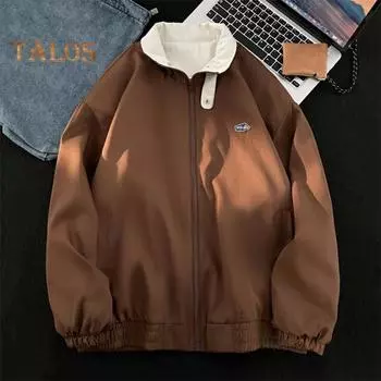 Мужской кардиган, куртка с лацканами, длинный рукав, застежка-молния, цветной дизайн, куртка, пальто с карманами, свободный крой, верхняя одежда M коричневый