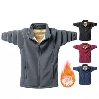 Мужской кардиган, куртка с лацканами, длинный рукав, флисовое однотонное пальто с карманами, застежка-молния, осенне-зимняя утепленная верхняя одежда M темно-синий