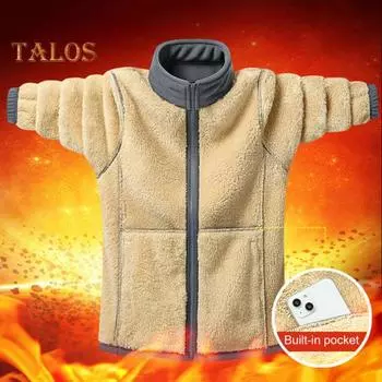 Мужской кардиган, куртка с лацканами, длинный рукав, флисовое однотонное пальто с карманами, застежка-молния, осенне-зимняя утепленная верхняя одежда M красный