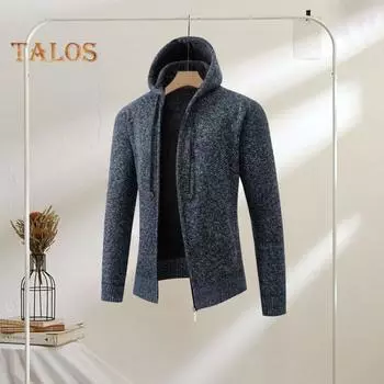 Мужской кардиган осень-зима с капюшоном на завязках, подкладка из плотного бархата, ребристые манжеты, однотонный трикотажный подол, застежка-молния, длинные рукава, теплые карманы M кофейный