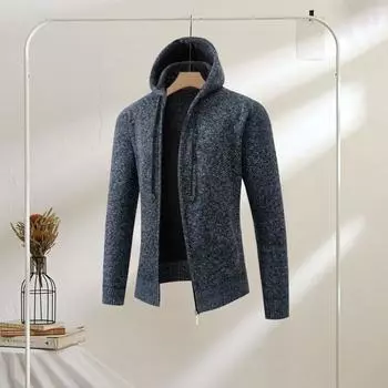 Мужской кардиган осень-зима с капюшоном на шнурке, подкладка из плотного бархата, ребристые манжеты, подол, однотонный трикотажный M кофейный
