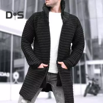 Мужской кардиган, пальто, вязаный свитер с высоким воротником, длинными рукавами, теплыми карманами, пальто средней длины, однотонная осенне-зимняя куртка M хаки
