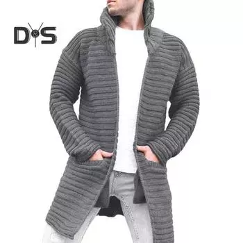 Мужской кардиган, пальто, вязаный свитер с высоким воротником, длинными рукавами, теплыми карманами, пальто средней длины, однотонная осенне-зимняя куртка M хаки