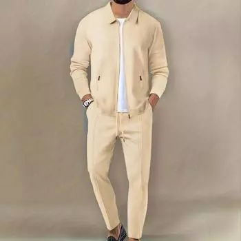 Мужской кардиган приталенного кроя с карманом на молнии, с длинными рукавами, спортивная одежда, элегантный костюм-двойка с длинными брюками S хаки