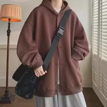 «Мужской кардиган с капюшоном из японского вельвета с вафельной структурой — модная свободная куртка на весну/осень для пар» L чёрный