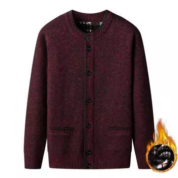 Мужской кардиган с круглым вырезом, осенне-зимний плюс бархатный толстый теплый свитер, однотонный топ на пуговицах, мягкий повседневный свитер для людей среднего и пожилого возраста M светло-серый