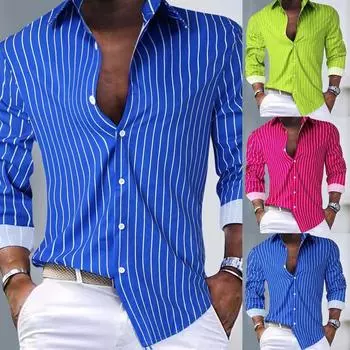 Мужской кардиган с полосатыми лацканами, полосатая рубашка с длинными рукавами для осени и зимы, мужские рубашки S синий