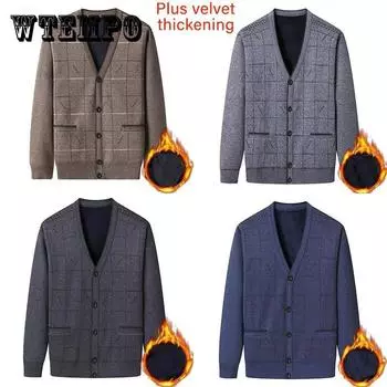 Мужской кардиган с V-образным вырезом, осенне-зимний плюс бархатный толстый теплый свитер, однотонный топ на пуговицах, мягкий повседневный свитер для людей среднего и пожилого возраста 3XL темно серый