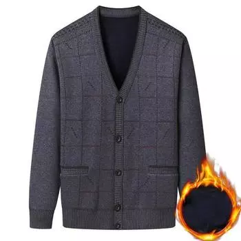 Мужской кардиган с V-образным вырезом, осенне-зимний плюс бархатный толстый теплый свитер, однотонный топ на пуговицах, мягкий повседневный свитер для людей среднего и пожилого возраста M темно серый
