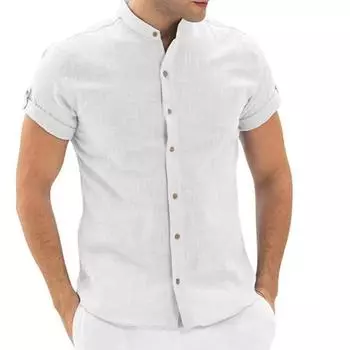 Мужской кардиган с воротником-стойкой и коротким рукавом, повседневные хлопковые и льняные мужские дышащие топы S белый