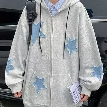 Мужской кардиган с вышивкой знаменитостей, топ для пар, осенне-зимний тренд, свободный плюшевый джинсовый свитер y2k с нашивкой, куртка M чёрный