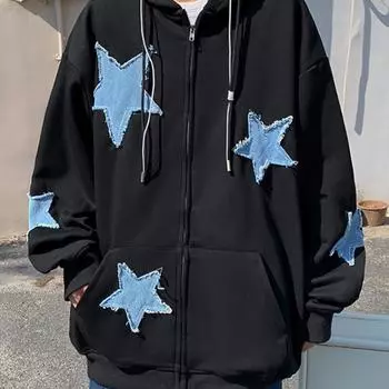 Мужской кардиган с вышивкой знаменитостей, топ для пар, осенне-зимний тренд, свободный плюшевый джинсовый свитер y2k с нашивкой, куртка M чёрный