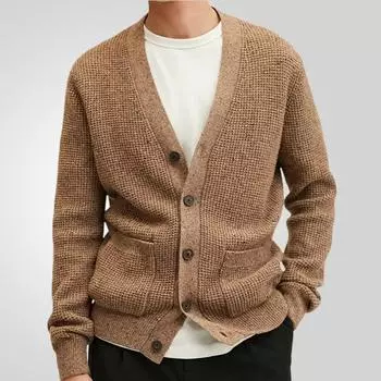 Мужской кардиган, свитер на пуговицах, легкий повседневный свитер с V-образным вырезом и длинным рукавом, куртка для мужчин, осень-зима, открытая передняя трикотажная верхняя одежда с карманами M коричневый