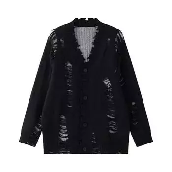 Мужской кардиган свитер пальто рваные дырки однотонный цвет V-образный вырез однобортный M чёрный