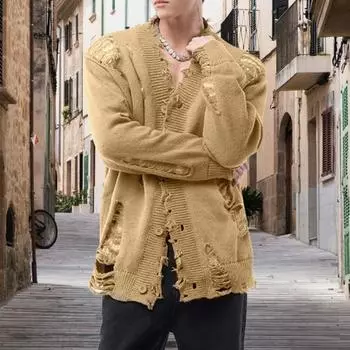 Мужской кардиган свитер пальто рваные дырки однотонный цвет V-образный вырез однобортный полый M чёрный