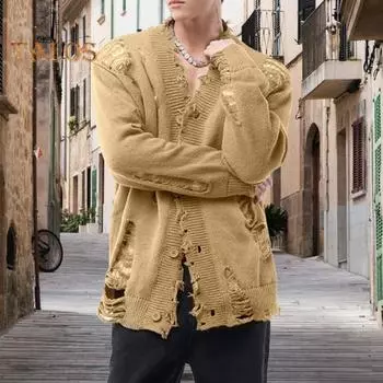 Мужской кардиган, свитер, пальто, рваный однотонный с V-образным вырезом, однобортный, ажурный, трикотажный, уличный, хип-хоп, клубная вечеринка, куртка XXL хаки