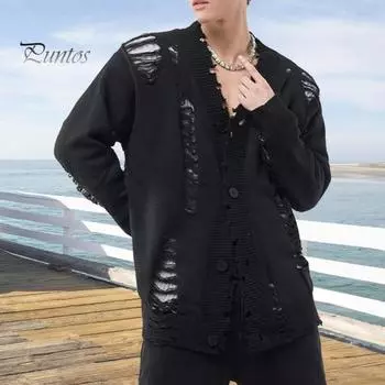 Мужской кардиган, свитер, пальто, рваный однотонный с V-образным вырезом, однобортный, ажурный, трикотажный, уличный, хип-хоп, клубная вечеринка, куртка M чёрный