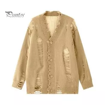 Мужской кардиган, свитер, пальто, рваный однотонный с V-образным вырезом, однобортный, ажурный, трикотажный, уличный, хип-хоп, клубная вечеринка, куртка M чёрный