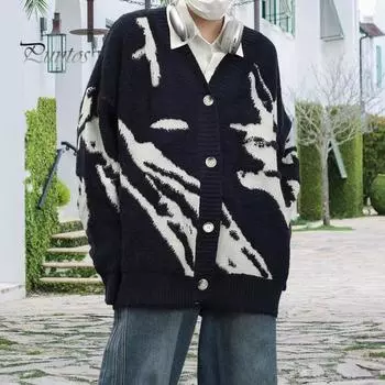 Мужской кардиган, свитер в стиле ретро, американский стиль, V-образный вырез, свободный однобортный, контрастного цвета, вязаный свитер, пальто, уличная куртка в стиле хип-хоп M серый