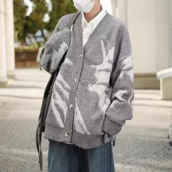 Мужской кардиган, свитер в стиле ретро, американский стиль, V-образный вырез, свободный однобортный, контрастного цвета, вязаный свитер, пальто, уличная куртка в стиле хип-хоп M серый