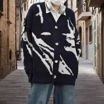 Мужской кардиган свитер в стиле ретро, американский стиль, V-образный вырез, свободный, однобортный, контрастного цвета M серый