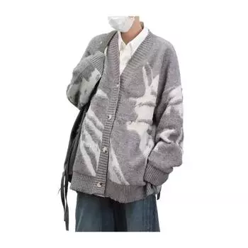 Мужской кардиган свитер в стиле ретро, американский стиль, V-образный вырез, свободный, однобортный, контрастного цвета M серый