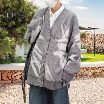 Мужской кардиган, свитер в стиле ретро, американский стиль, V-образный вырез, свободный однобортный, контрастного цвета, вязаный свитер, пальто, уличная куртка в стиле хип-хоп M серый