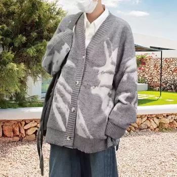 Мужской кардиган, свитер в стиле ретро, американский стиль, V-образный вырез, свободный однобортный, контрастного цвета, вязаный свитер, пальто, уличная куртка в стиле хип-хоп M серый