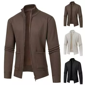 Мужской кашемировый вязаный кардиган на осень и зиму для среднего возраста, повседневный теплый однотонный свитер с воротником-стойкой, пальто большого размера L чёрный